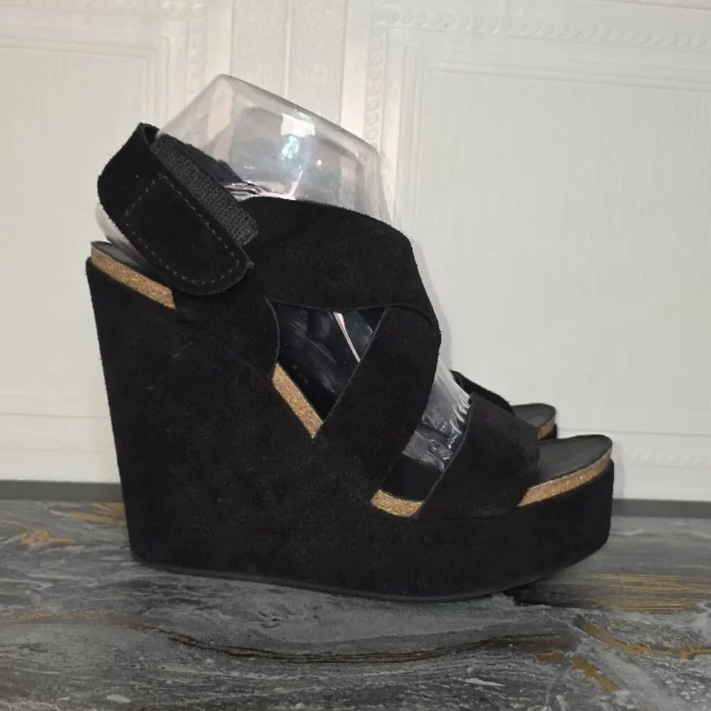 Pedro Garcia Black Suede Platform Wedge Sandals Size 40 US 9.5 EUC Spain